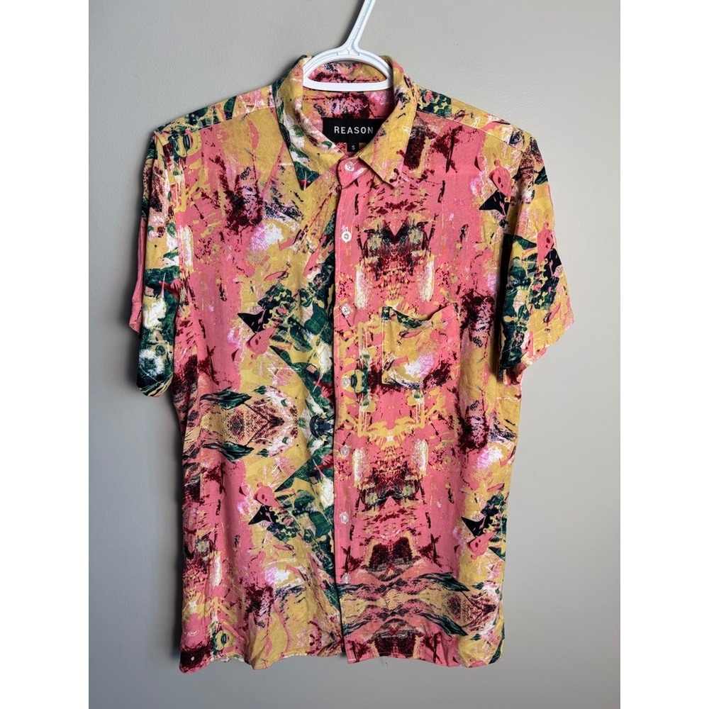 Reason Mens Pink Abstract Button Up Shirt S Summer Festival Boho Streetwear
